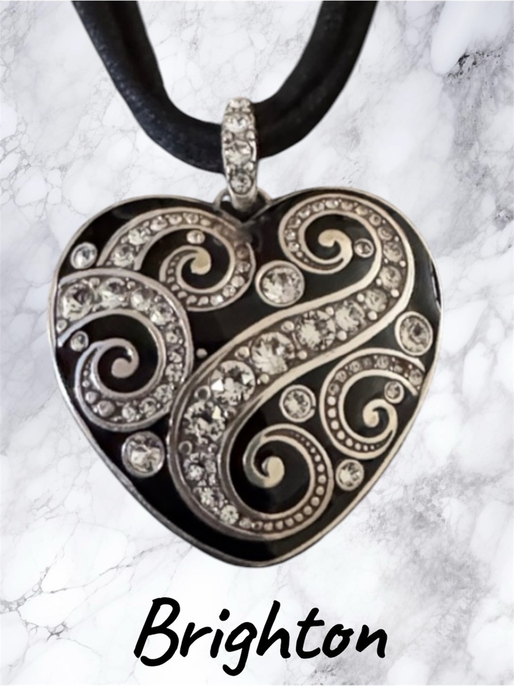 Brighton Black Heart Pendant Necklace with Crystal Swirls - Retired